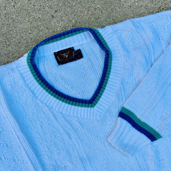 Vintage Lake Harmony Rowing Club V Neck Sweater Baby Blue Nautical Preppy - Picture 1 of 4